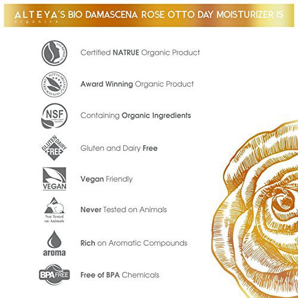Alteya USDA Organic Day Face Moisturizer"BioDamascena" - With Organic Bulgarian Rose Oil, Anti-Aging, 50ml