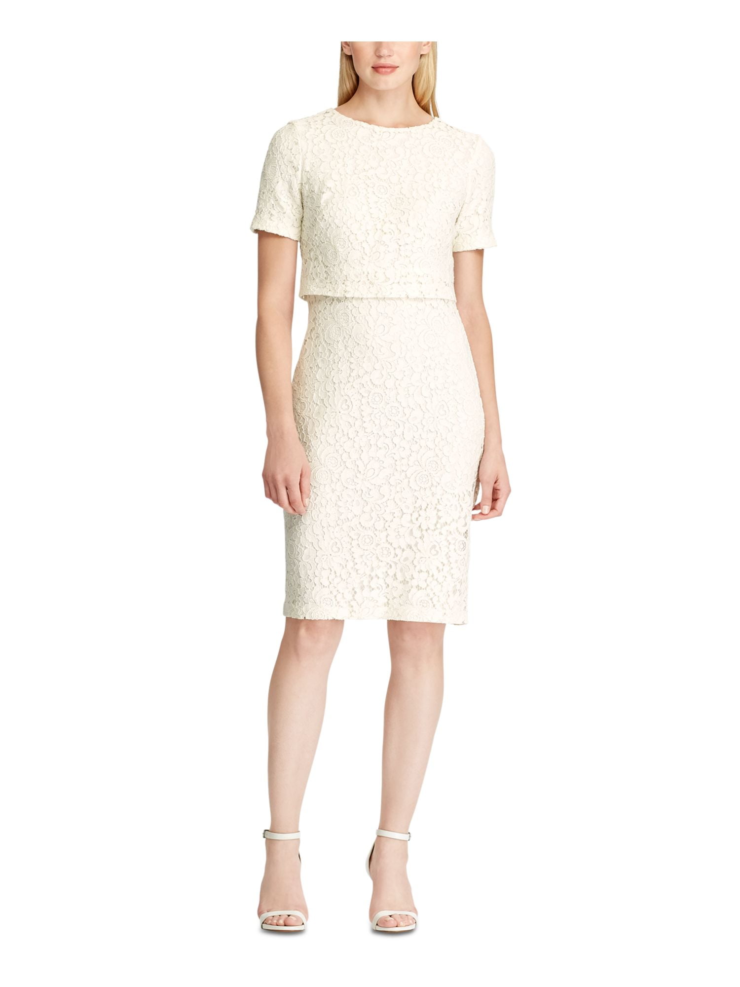 RALPH LAUREN Womens White Short Sleeve Knee Length Sheath Evening Dress