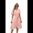thumbnail image 1 of Vestido Cruzado para Mujer, Cuello en V, Corta, Lazo en la Cintura, Volantes, Abertura, Vestido Informal Midi, Rosa, Talla L, 1 of 9