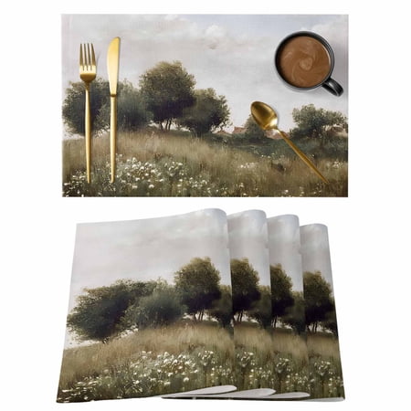 Autumn Landscape Placemats Set of 2 Farmhouse Meadow Trees Place Mats Indoor Wipeable Table Mats Washable Cloth Dining Table Placemats for Kitchen Holiday Party Home Decor 13x19 Inch