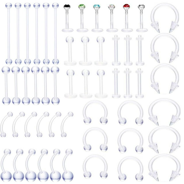 54 piezas de piercing transparente para el cuerpo, joyería acrílica, retenedores flexibles para labios, oreja, nariz, tabique, ceja, lengua, herradura, barra industrial, kit de plástico oso de fresa Electrónica