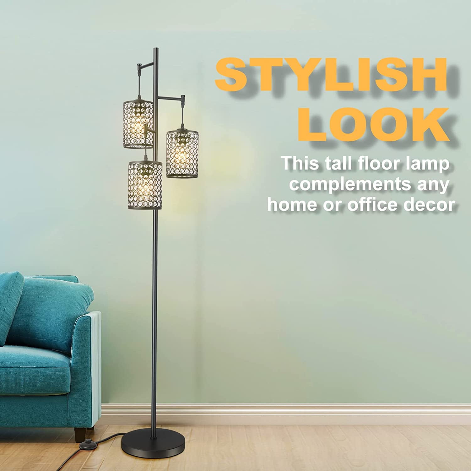 EE Eleven Master 3-Light Modern Black Tree Floor Lamp with Crystal Birdcage Shades