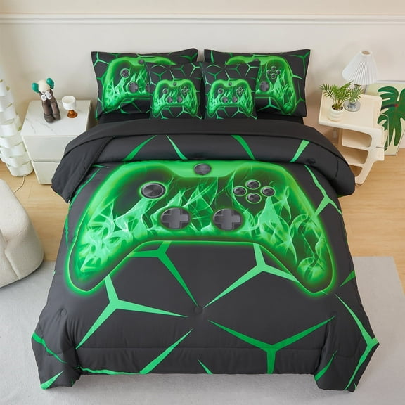 ZRNBAST Gamer Bedding Set Twin Size 7 Pieces Green Game Console Bed in A Bag Game Theme Kids Comforter Set for Boys Girls Teen 3D Green Fire Gamepad Gaming Bedroom Collections(Green,Twin)