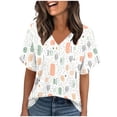 thumbnail image 1 of TaTaai Women's Printed V-Neck Top Short Sleeve Ruffle Trim Loose Fit Casual Summer Chic Blouse T-Shirt Daily Work Party Weekend Gift, 1 of 7