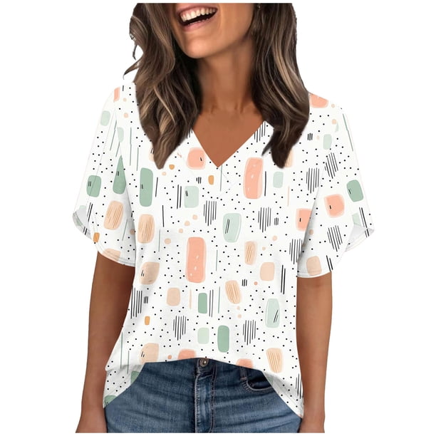 TaTaai Women's Printed V-Neck Top Short Sleeve Ruffle Trim Loose Fit Casual Summer Chic Blouse T-Shirt Daily Work Party Weekend Gift