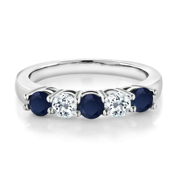 Gem Stone King 925 Sterling Silver Blue Sapphire and White Topaz 5 Stone Wedding Anniversary Band Ring for Women | 1.18 Cttw | Gemstone Birthstone | Round 3.5MM (Size 6)