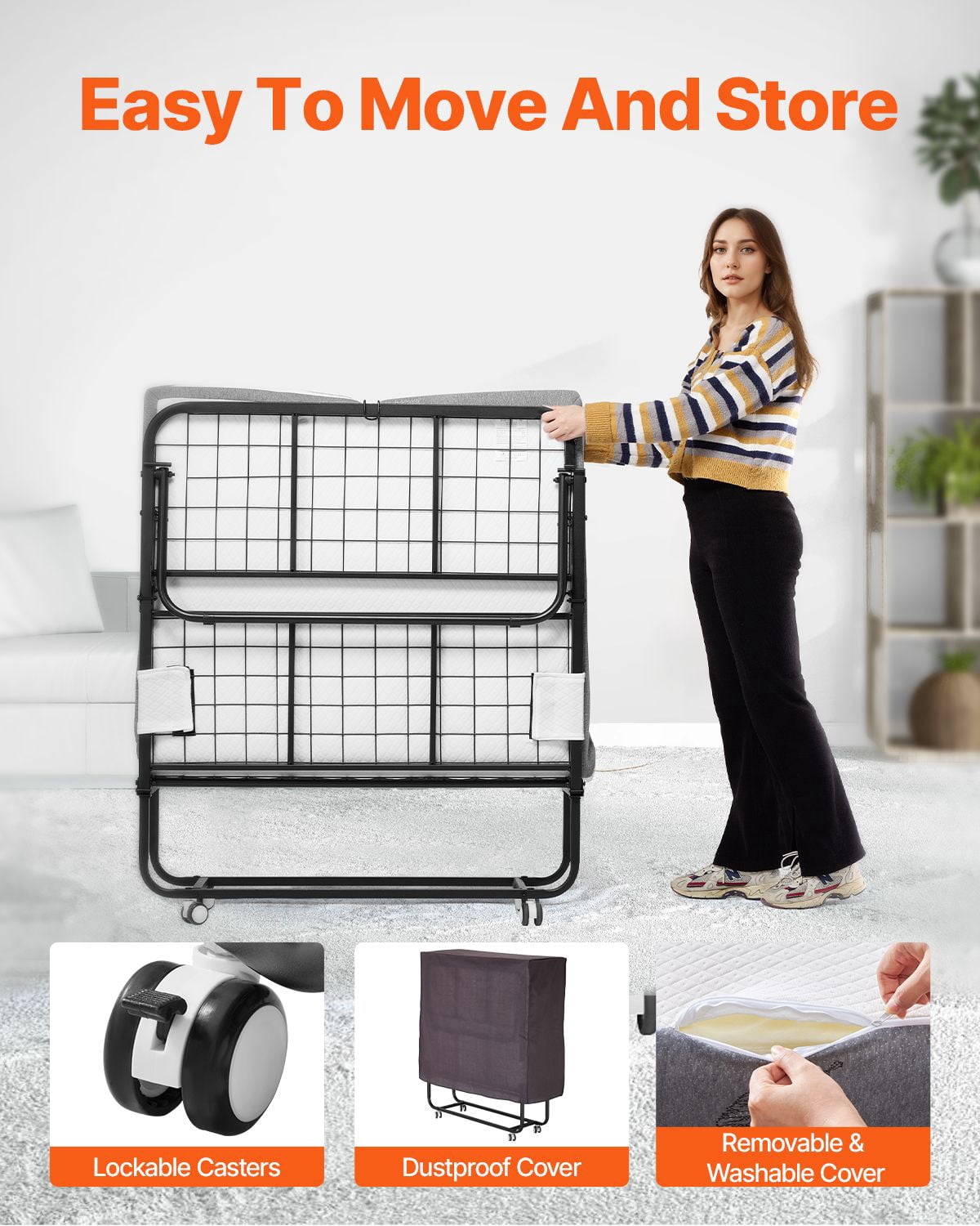 Portable Rollaway Bed for Adults, Twin 38"x75" Foldable Frame with 4 Inch Memory Foam Mattress, Space-Saving Guest Sleeping Solution