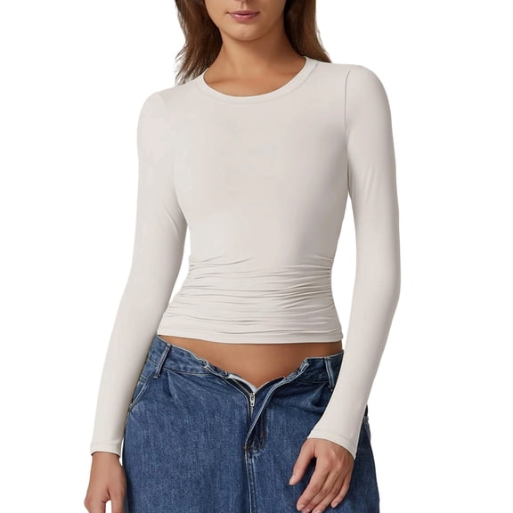 Women'S Crewneck Long Sleeve Shirt Double Lined Basic Tees Side Ruched Going Out Crop Tops White XS