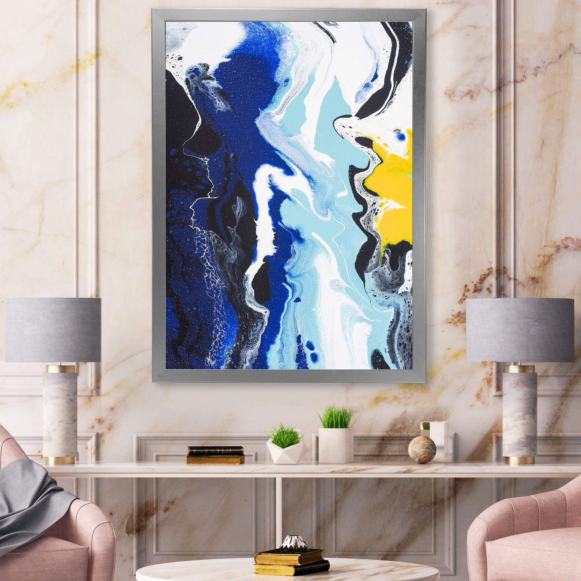 Designart 'Abstract Blue and Yellow Waves' Modern Framed Art Print