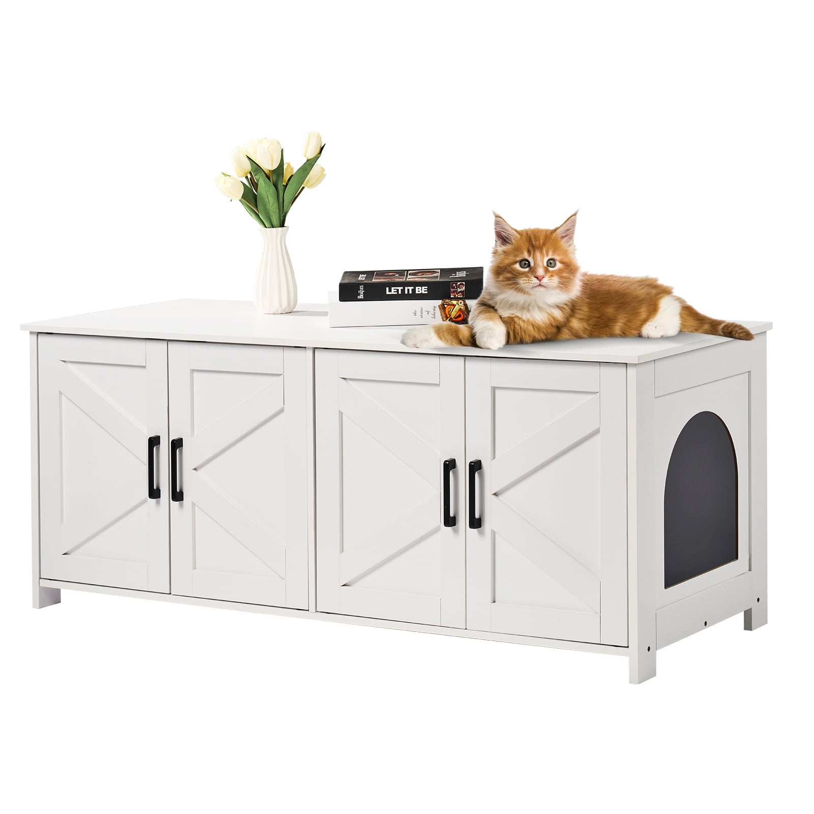 KFFKFF Dual Cat Privacy Litter Cabinet, Spacious Wooden Enclosure for Multiple Cats, Conceals Litter Pans, 47.2"L x 18.5"W x 19.7"H, in White