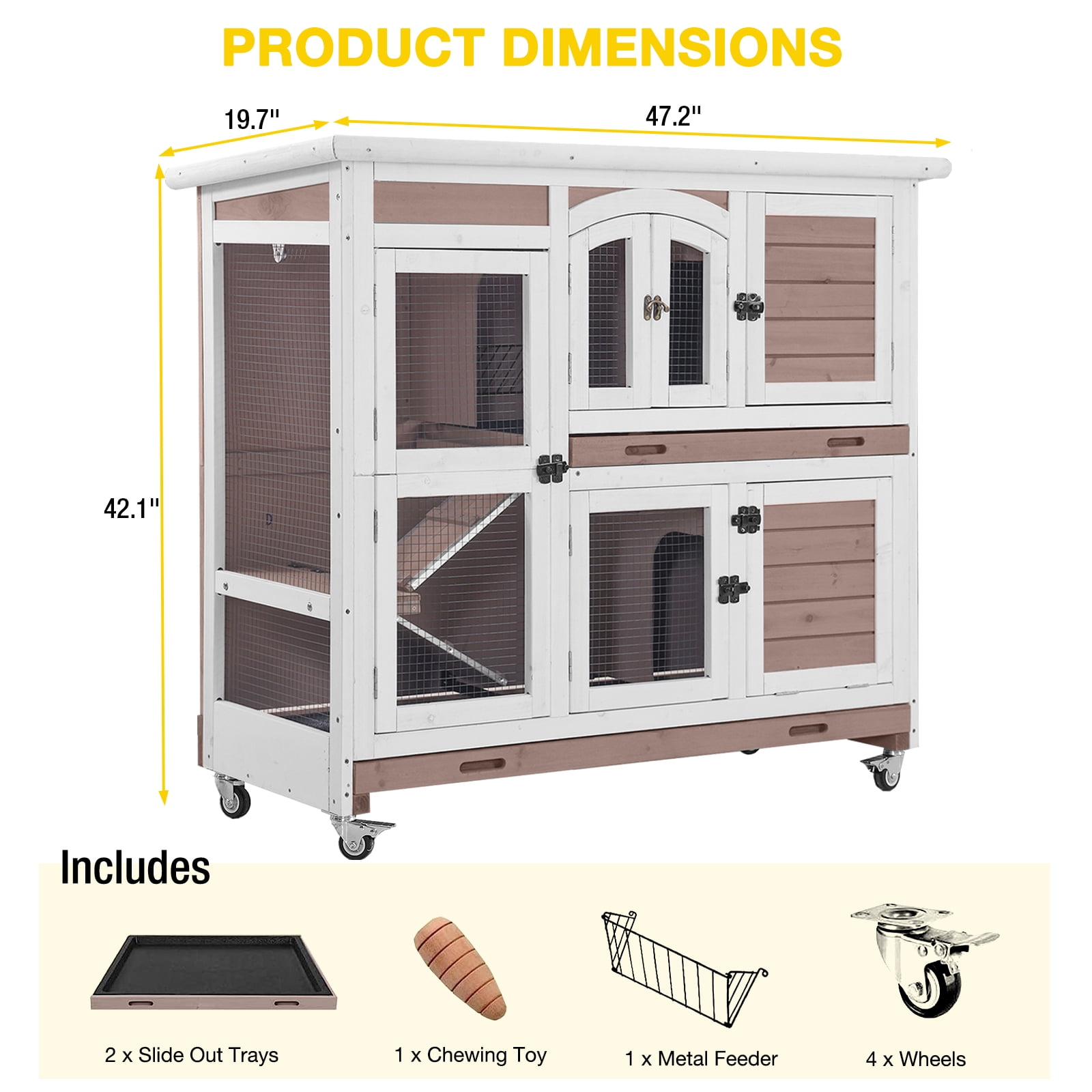 Aivituvin Rabbit Hutch Indoor Bunny House Guinea Pig Cage with Sliding Plastic Trays, Wheels & Ramp, 47.2" Multi-Door Wooden Small Animal Cage for Rabbits Bunnies, and Guinea Pigs, Brown