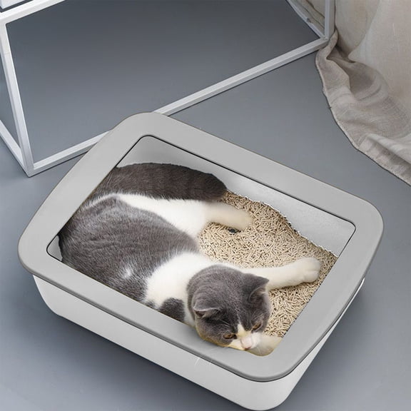 Large Semi Covered Cat Litter Box, Splash Proof Open Entry Kitty Toilet Pan, PP Plastic Indoor Litter Tray for Big Cats Home Use, Easy Clean Design, 16.14x12.2x4.92in, White