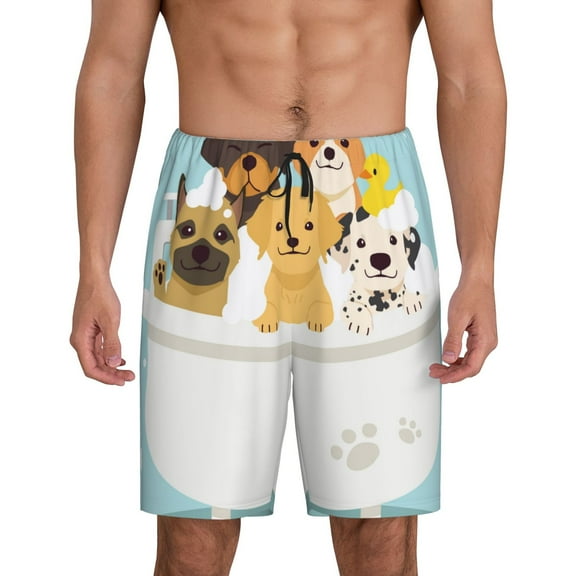 Logiee Cute Dog In Bathtub Print Men's Pajama Shorts with Drawstring & Pockets,Sleep Shorts for Men,Sleepwear Bottoms,Elastic Waistband Loungewear-Small