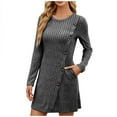 thumbnail image 5 of Dresses for Women Casual Women's Casual Solid Color Knitted Striped Round Neck Side Button Pocket Long Sleeve Dress Family Gifts Gray, L, 5 of 6