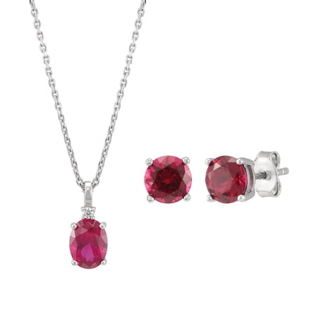 Brilliance Fine Jewelry Created Ruby and White Cubic Zircoina Pendant Necklace and Studs Set in Sterling Silver