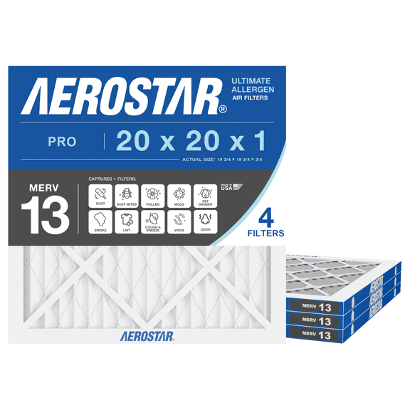 Aerostar 20x20x1 MERV 13 Air Filter, Pleated AC Furnace HVAC, Smoke Bacteria Allergy, 4 Pack