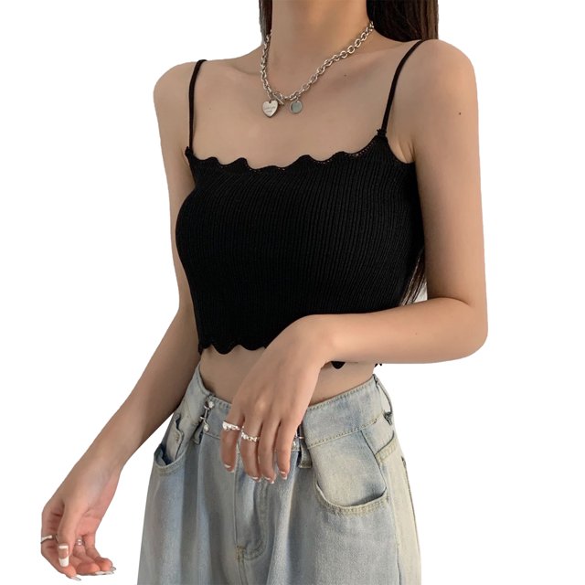 Camisetas sin mangas con tirantes finos para mujer, camisetas sin mangas con tiras, Color puro a la moda, ajustadas y con bordes ondulados