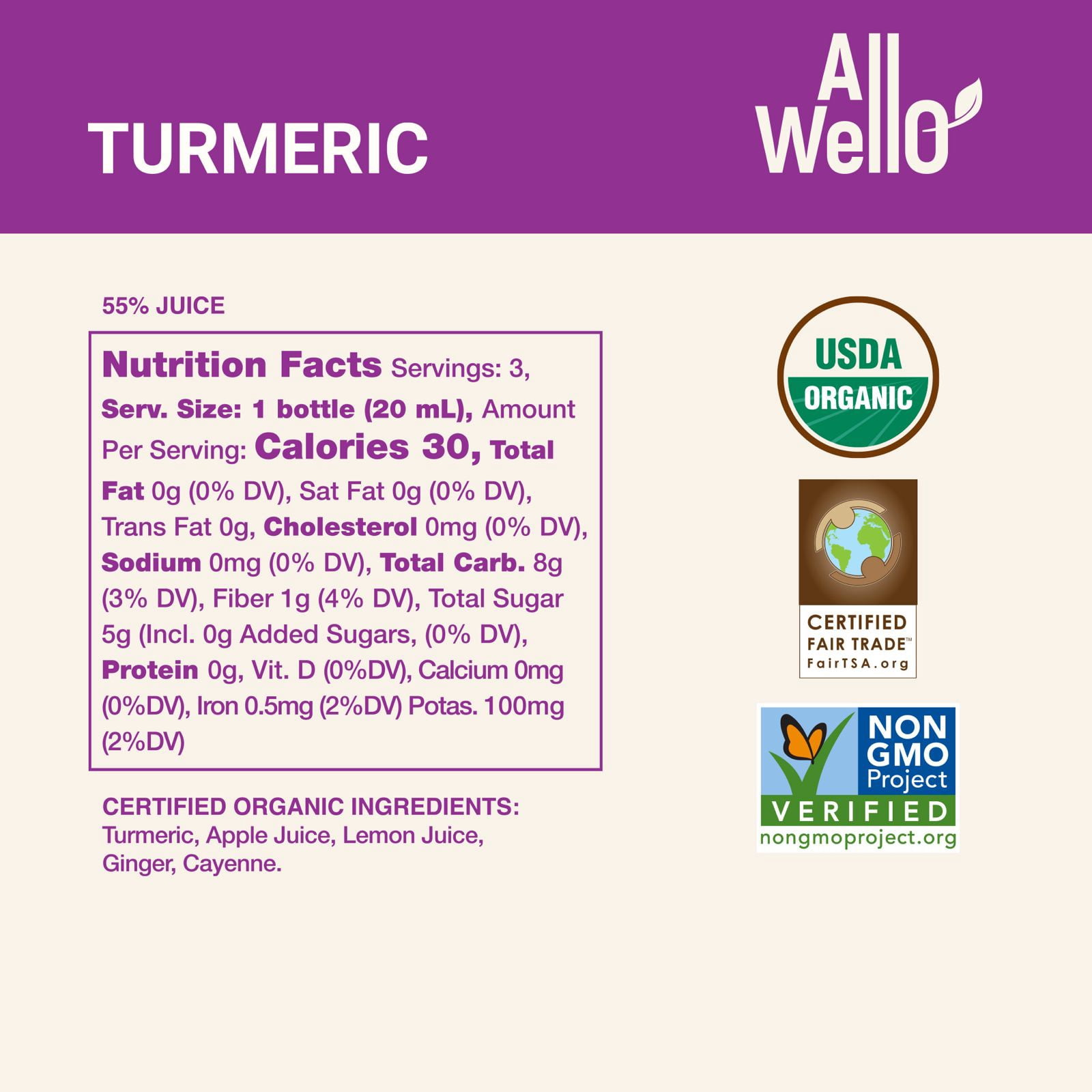 (6 pack) AllWellO Organic, Cold Pressed Turmeric Shots, 2 fl oz Glass Bottles, 3 Pack