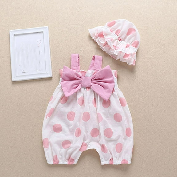SDJMa Newborn Infant Baby Girl Clothes Cotton Linen Rompers Newborn Infant Baby Girls Straps Dot Print Bow Romper Sunsuit Hat Bodysuit