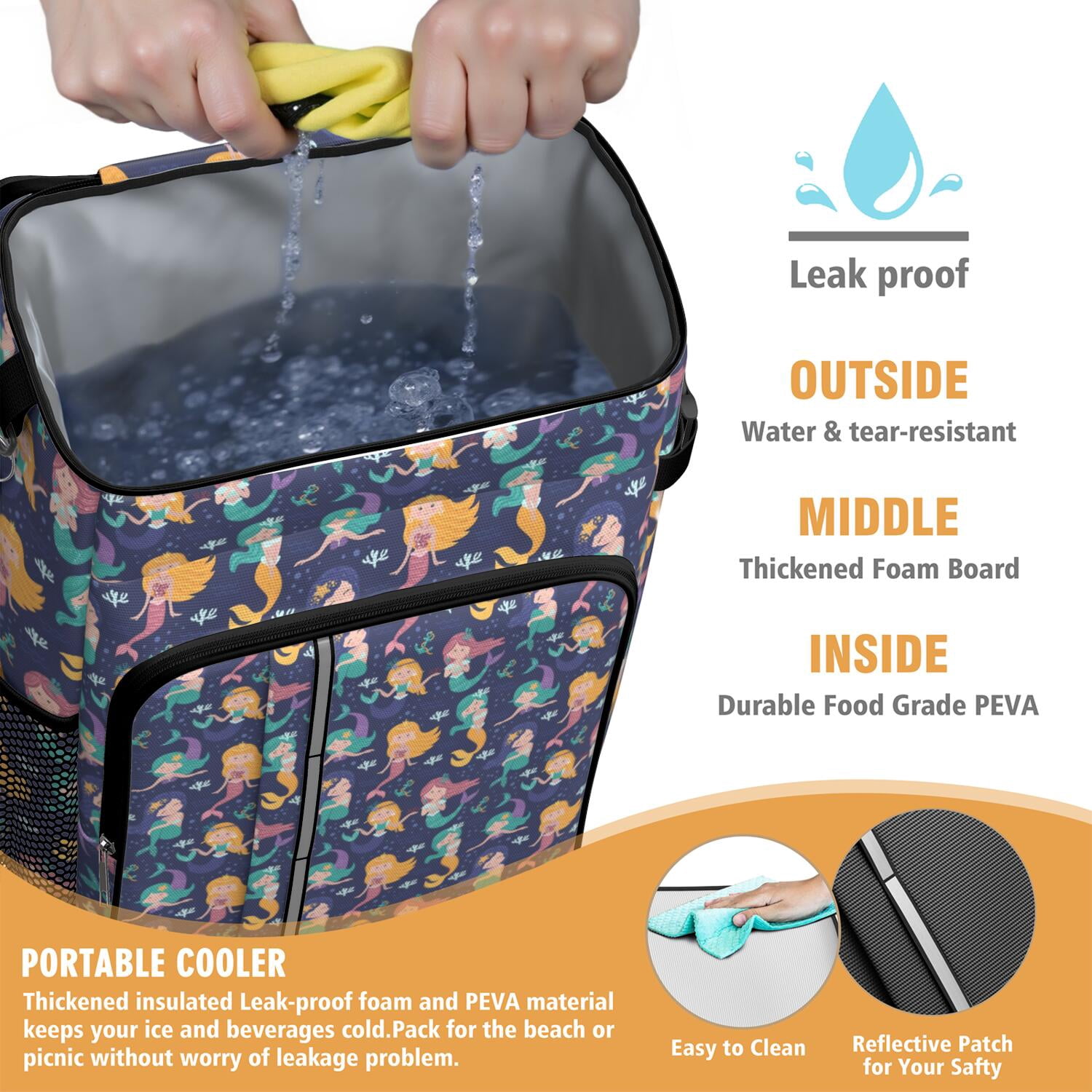 Travel Cooler Bag - Dark Blue Mermaid Princess Pattern Camping Beer Cooler Backpack with Bottle Opener- Waterproof Insulated Picnic Backpacks - Cooler Bag for Beach