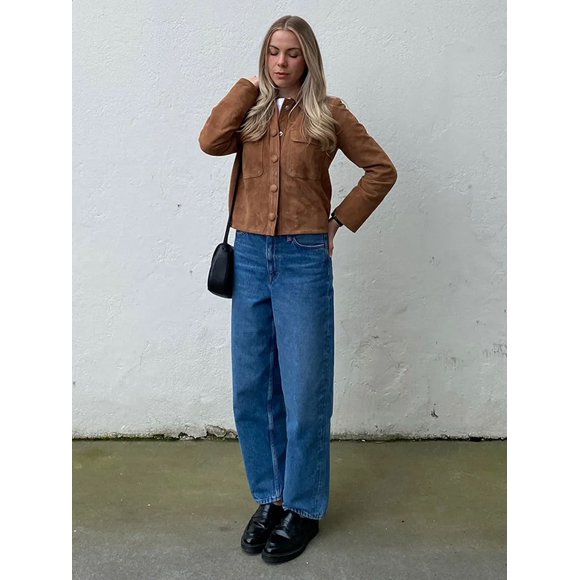Vintage Brown Women's Lapel Suede Leather Jacket Single Breasted Pockets Slim Coat