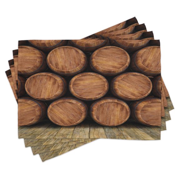 Ambesonne Wine Place Mats Set of 4, Wall of Wooden Barrels, Standard Size, Brown
