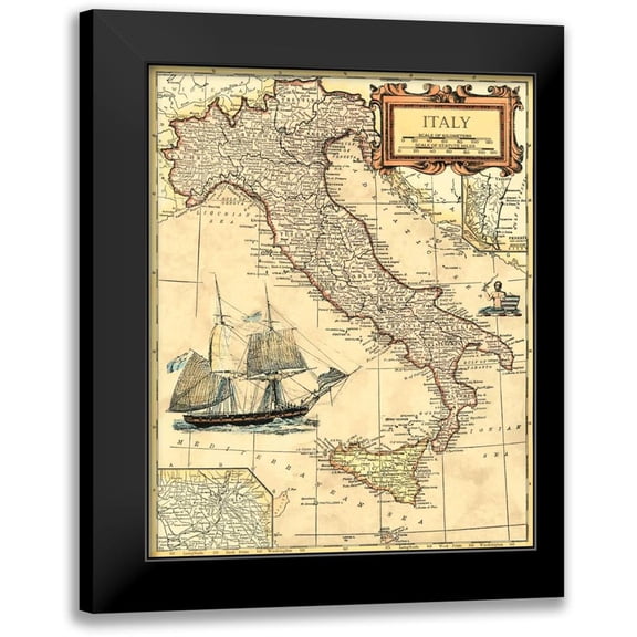 Vision Studio 12x14 Black Modern Framed Museum Art Print Titled - Italy Map