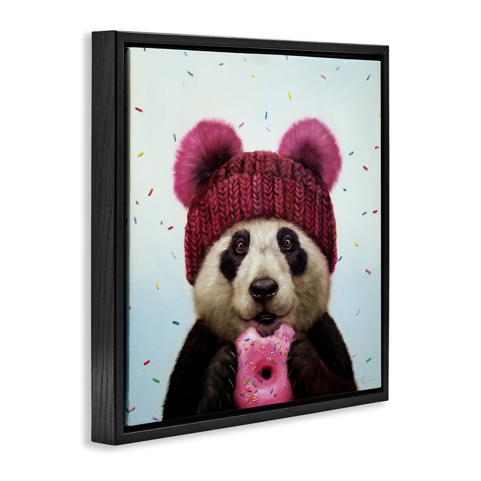 Stupell Industries Happy Panda Bear with Donut Animals & Insects Painting Black Floater Framed Canvas Art Print Wall Art, 18 x 18