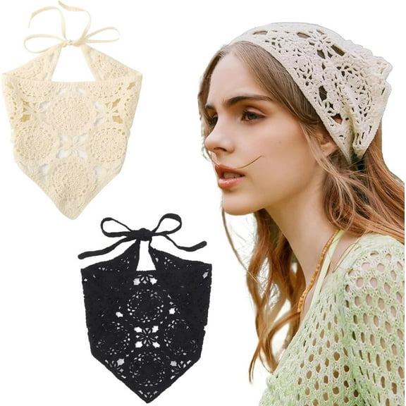 2Pcs Crochet Bandanas Floral Crochet Hair Bandanas Women's Knitted Triangle Hair Bandana Knotted Headscarf for Women (Beige、Black)
