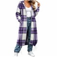 thumbnail image 2 of CHGBMOK Women Long Plaid Hooded Jacket Full Zip Up Loose Coat Casual Drawstring Hem Outerwear with Pockets, 2 of 7