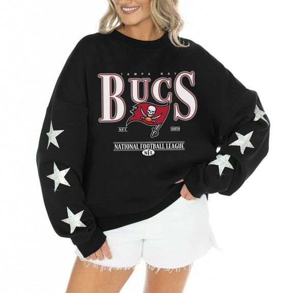Women's Gameday Couture Black Tampa Bay Buccaneers Rhinestone Star Sleeve Settle the Score Oversized Tri-Blend Pullover