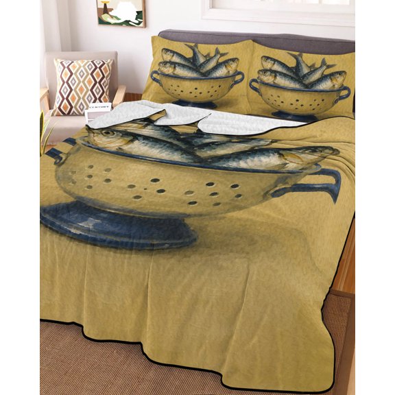 King Quilt Bedding Set, Coastal Nautical Sardine Fish Lightweight Coverlet Summer Comforter Set Soft Microfiber Bedspread, Ombre Yellow 3 Piece Quilt Set with 2 Pillow Shams