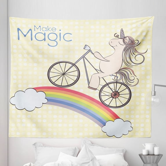 Unicorn Party Tapestry, Polka Dot Background with Hand Drawn Animal Riding Bicycle on Rainbow, Fabric Wall Hanging Decor for Bedroom Living Room Dorm, 5 Sizes, Multicolor, by Ambesonne