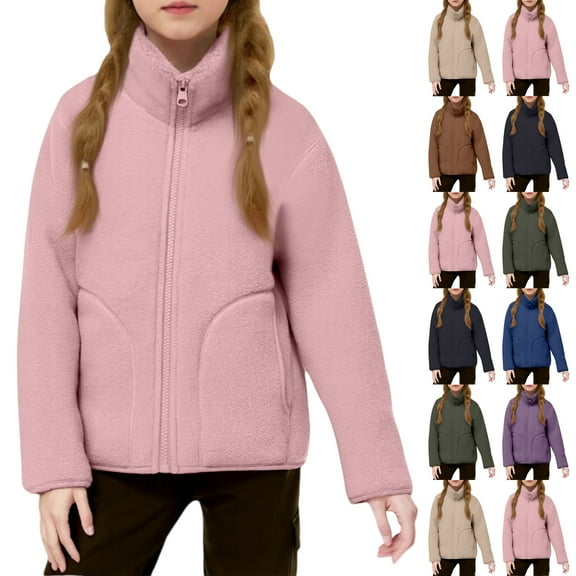 Drmagiyhm Girls Fleece Jacket Fall Winter Fleece Zipper Jacket Lightweight Outerwears Fuzzy Fleece Zipper Jacket Cozy Winter Coat Coffee 4-5 Years