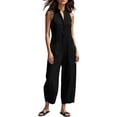 thumbnail image 2 of Cmfcve Wide Leg Jumpsuits for Women Sleeveless Stand Collar Half Button Up Linen Pants Loose Casual Long Overalls with Pockets, 2 of 5