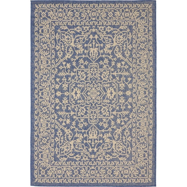 Unique Loom Tapis Traditionnel Botanique Extérieur 4' x 6' Rectangle Bleu Marine/beige