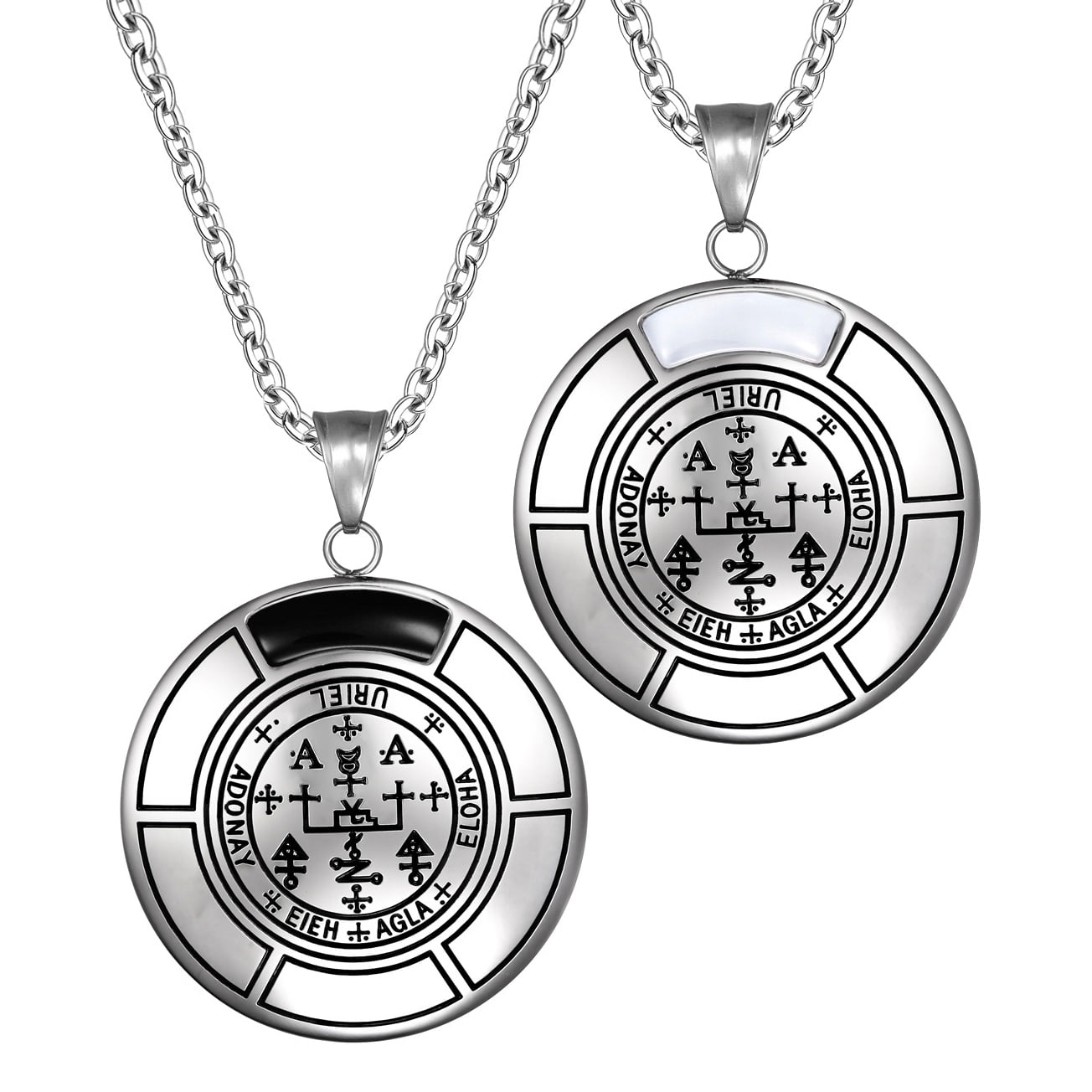 Sigil of Archangel Uriel Love Couples Amulet Set Simulated Onyx White Simulated Cats Eye Necklaces