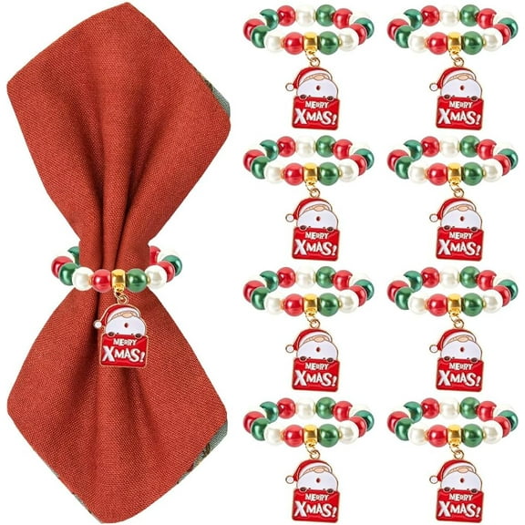 8 Sets Holiday Napkin Rings Christmas Napkin Rings Santa Claus Xmas Red Green Glass Spcaer Beads Winter Napkin Holder Ring Beaded Napkin Ring for Christmas Wedding Party Dinner Table Decor