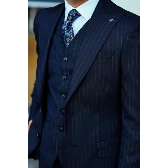 Men's Suit, Lycra Navy Blue Dovetail Collar Slim Fit Suit with Vest
