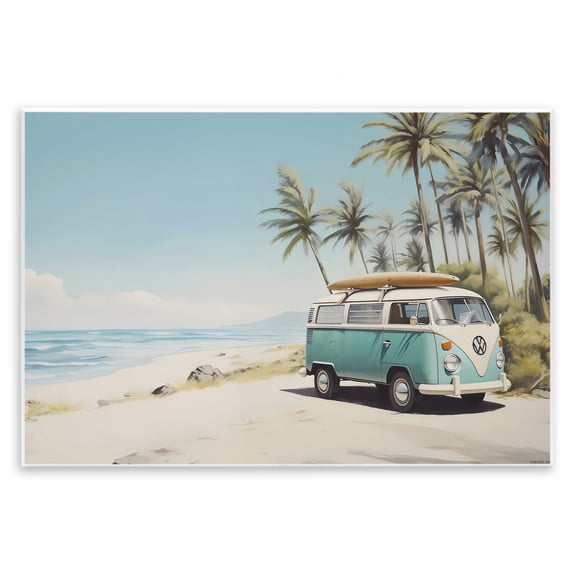 Stupell Industries Summer Bus on Shoreline Transportation Painting Unframed Art Print Wall Art, 15 x 10