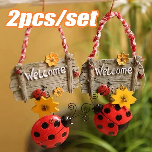 Travelwant 2Pcs/Set Handcrafts Flower Welcome Sign with Ladybugs Wall Hanging Plaque Sign for Front Door Decorative Garden Home Porch Welcome Hanging Sign Decor