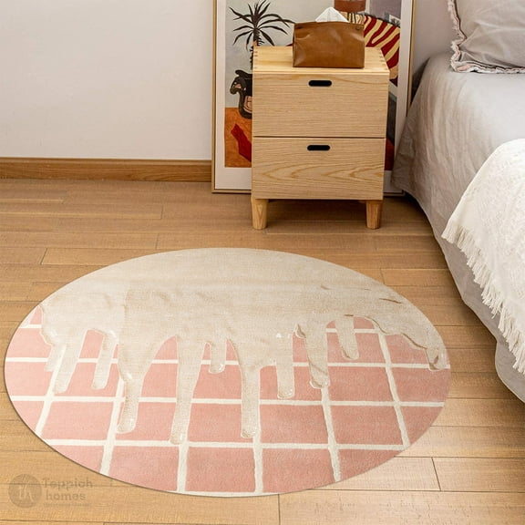 Teppich Homes Handmade Pink Wool Geometric Carpet 5x5 - Soft Tufted Round Rug for Hallway & Living Room