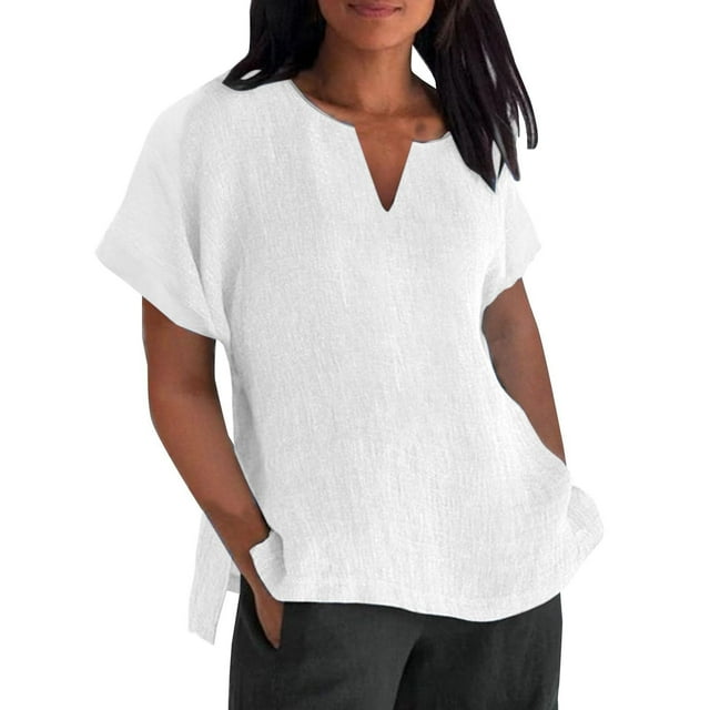 Yuyuzo Chemises en Coton et Lin pour Femmes Manches Courtes Haut Habillé Col Rond T-Shirts Amples Tuniques d'Été