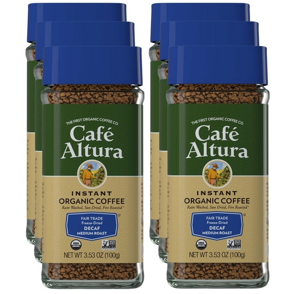 Cafe Altura Organic Decaf Instant Coffee, Medium Roast Freeze-Dried, 3.53 oz, 6 Pack