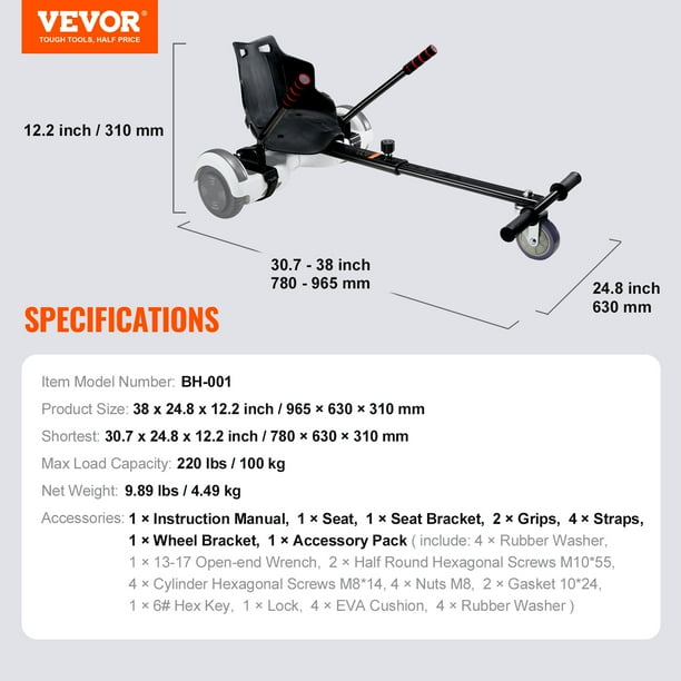VEVOR Hoverboard Seat Attachment Compatible with All 6.5 8 8.5 10 Hoverboards Grips Control Adjustable Frame Length and 220 LBS Load Capacity Hover Board Go Karts Accessory for Kids Adults Walmart