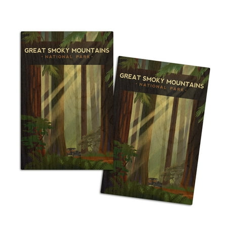 

Great Smoky Mountains National Park Forest Geometric Lithograph (4x6 Birch Wood Postcards 2-Pack Stationary Rustic Home Wall Decor)