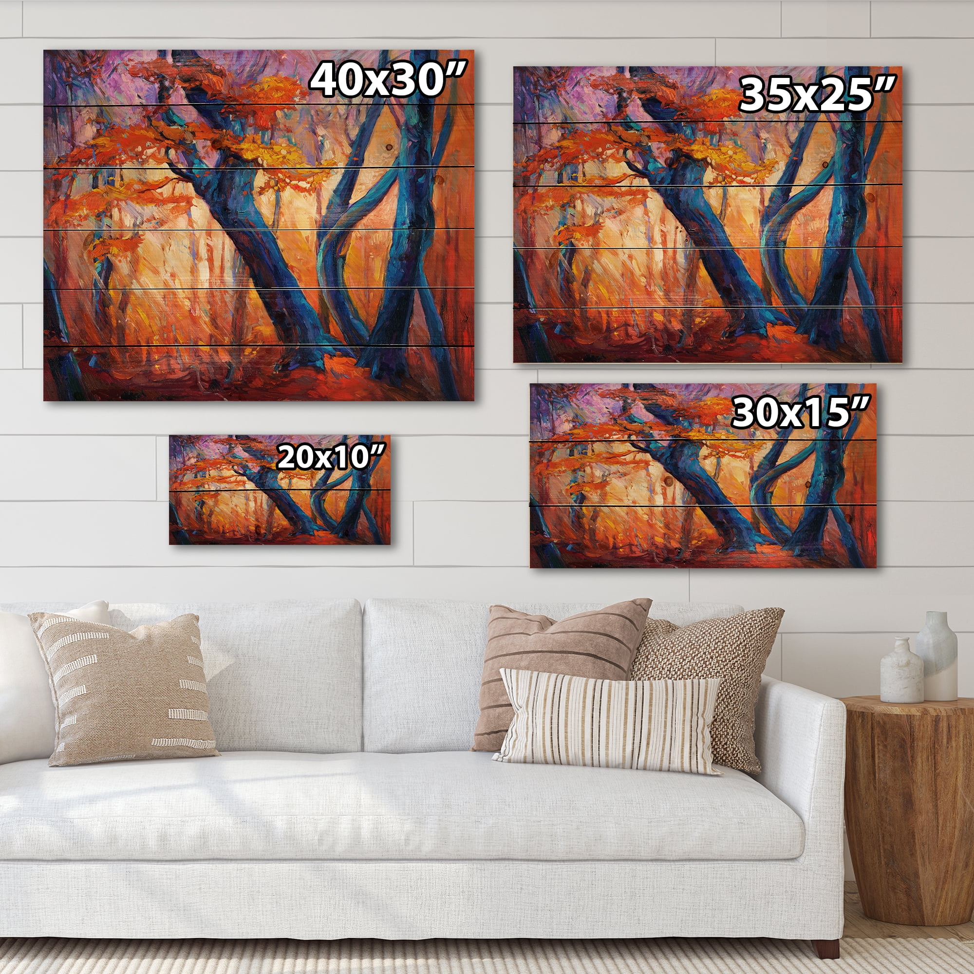 Designart 'Abstract Blue Silhouettes Of Trees In Orange Autumn Forest' Farmhouse Print on Natural Pine Wood