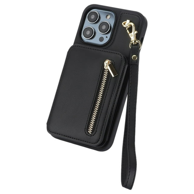 PU Leather Flip Phone with Hand Strap and Card Slots for 15 Featuring Detachable Crossbody Lanyard