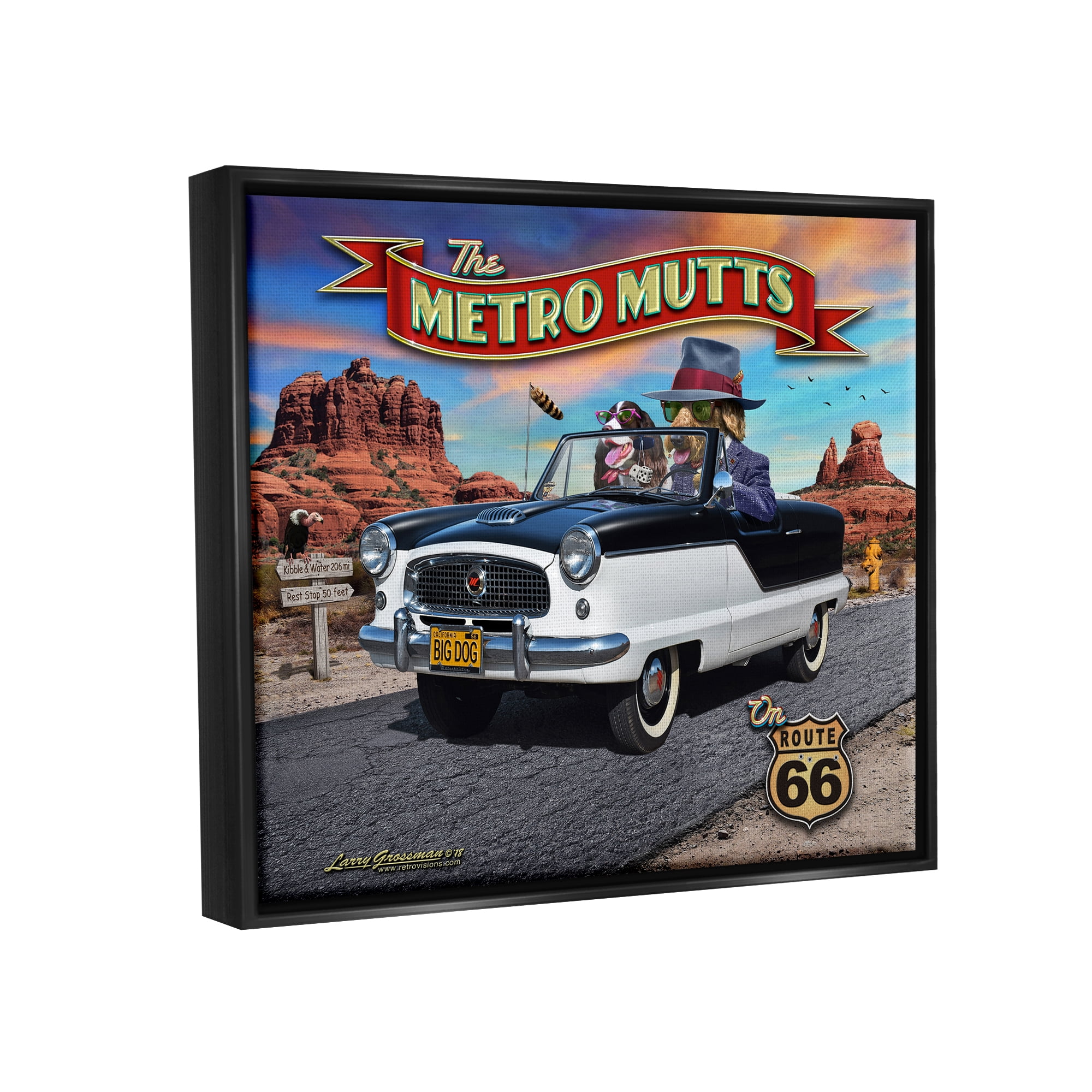 Stupell Industries Metro Mutts Vintage Car Transportation Painting Black Floater Framed Canvas Art Print Wall Art, 21 x 17