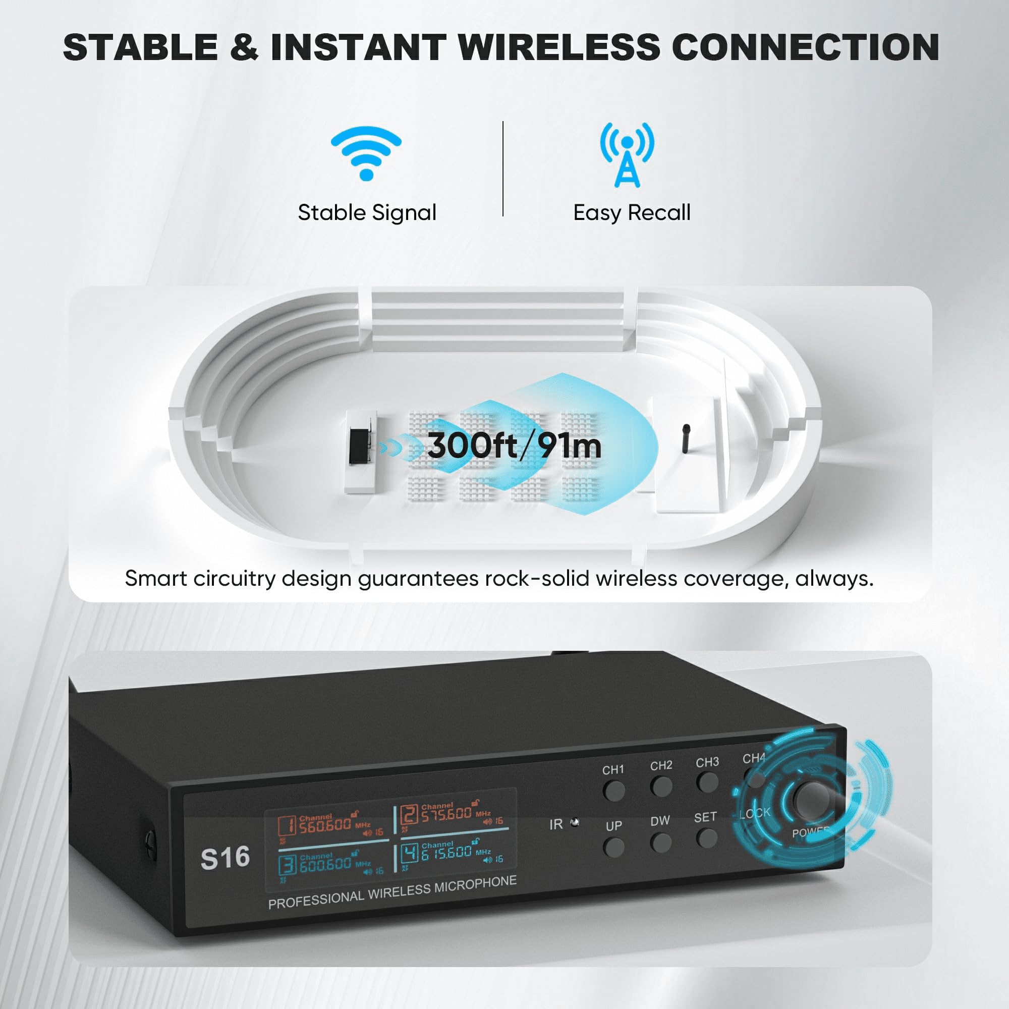 Wireless Microphone System, Pro 4 Channel UHF Mics Set with Metal Cordless Handheld Mics & Receiver, 200 Adjustable Frequency, 300ft Range for Singing, Church, Karaoke, Party